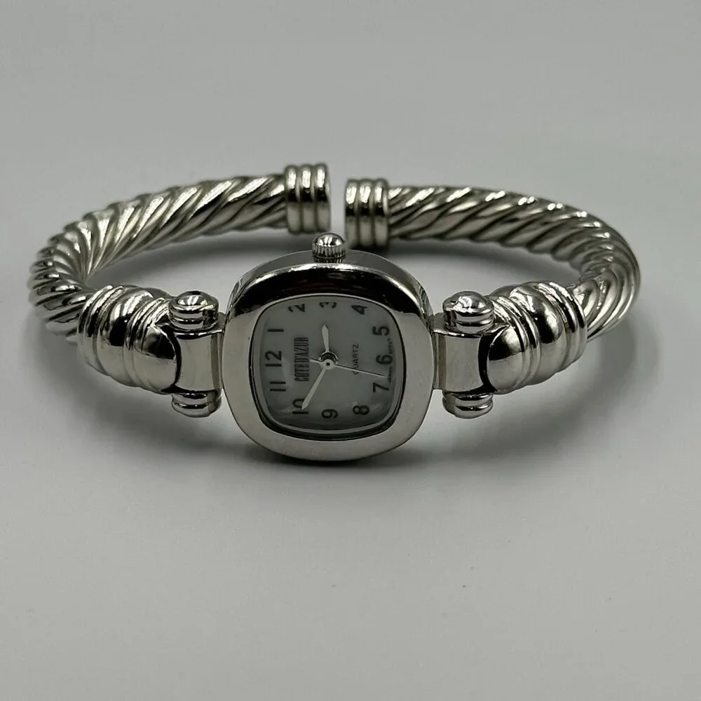 Cote D'Azur Watch Women Silver Tone Twisted Rope Hinged Cuff Band New Battery